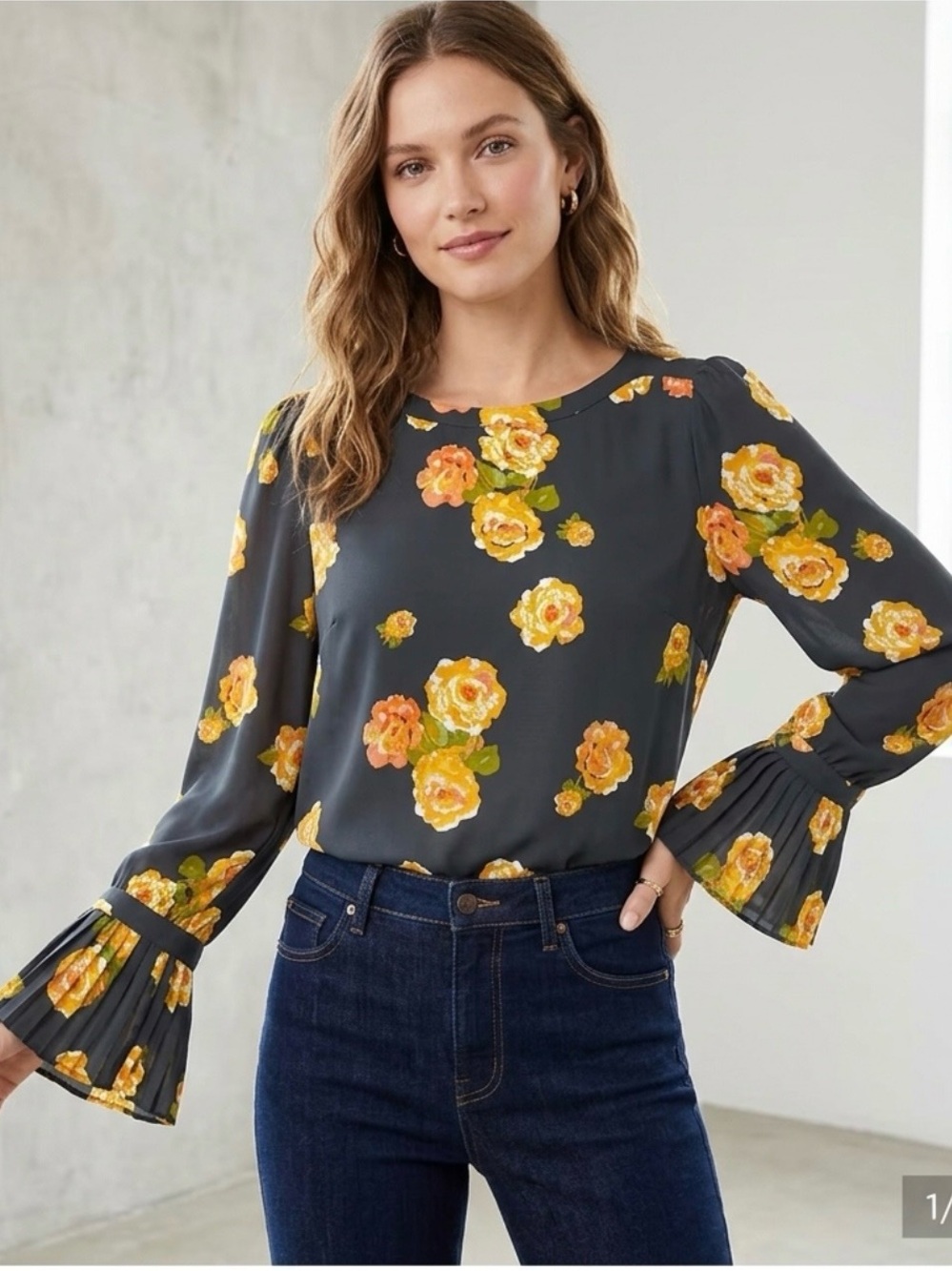 LOFT Peony Pleated Cuff Charcoal Blouse with Yellow & Orange Rose Print Size Med